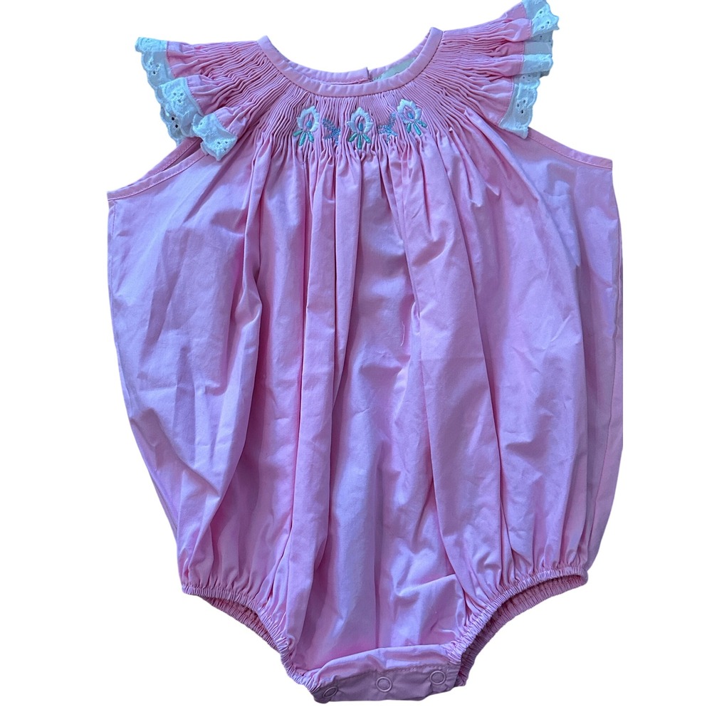 Beaufort Bonnet Company Pink Smocked Floral Eyelet Bubble Romper 2T